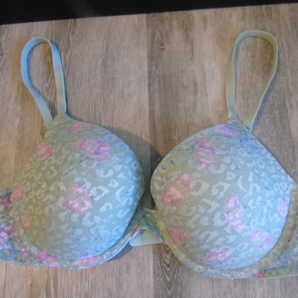 PINK Sage-Green and Soft Pink Floral Lace Push-Up Bra